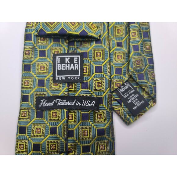 IKE BEHAR New York - 100% Silk - Blue Green Geometric Neck Tie - Picture 3 of 3